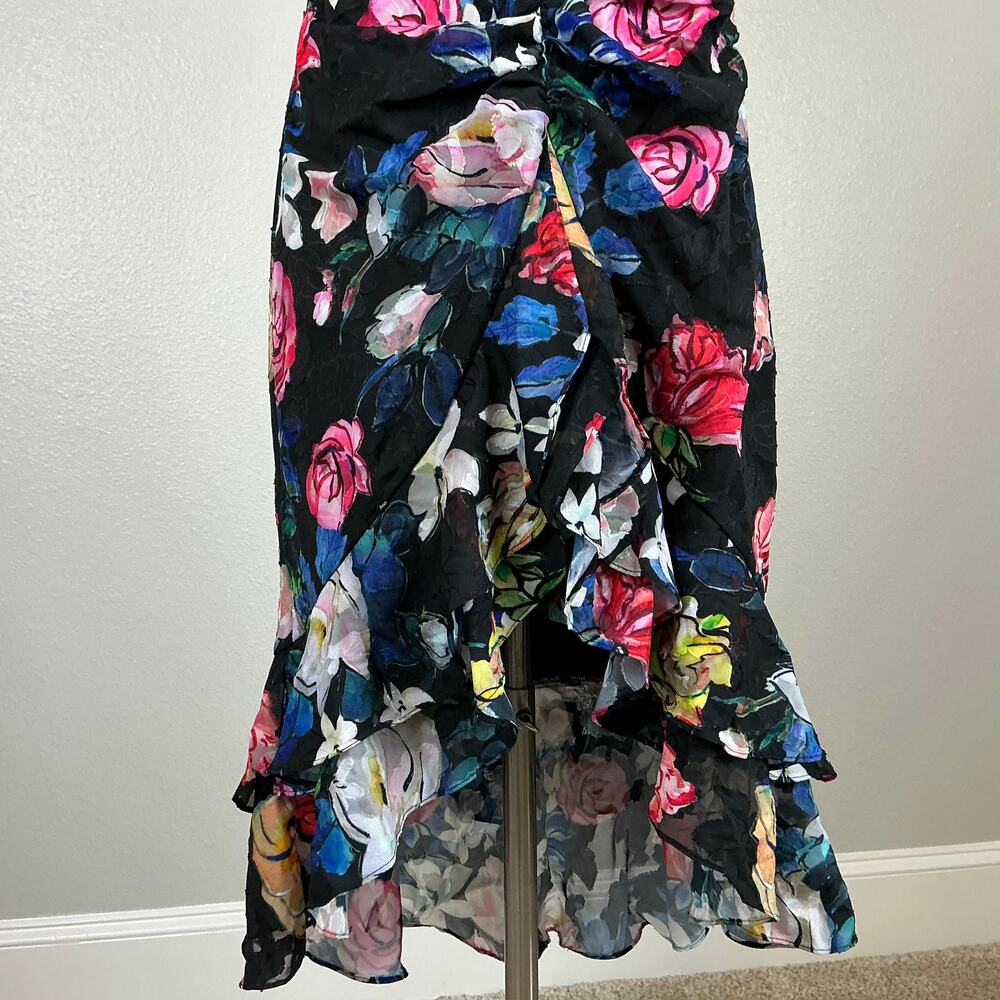 Aidan Mattox Floral Print Ruched High-Low Sleeveless Cocktail Dress Black Size 6 - Picture 9 of 13
